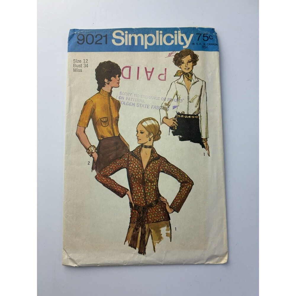 Blouse Front Zipper Stand Up Collar Size 12 CUT Pattern 9021 Vtg 70s
